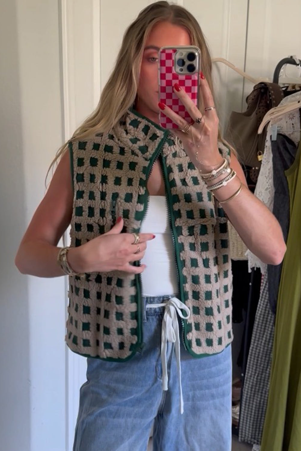 Green Checkered Texture Plush Zip Up Winter Vest
