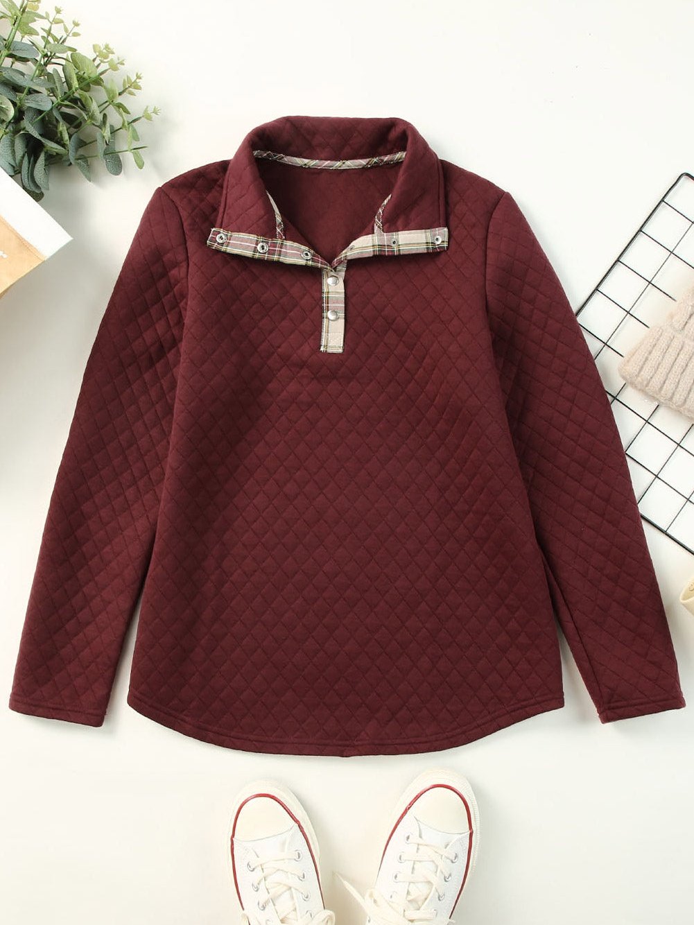 Fiery Red Plaid Trim Sweatshirt with Geometric Detail