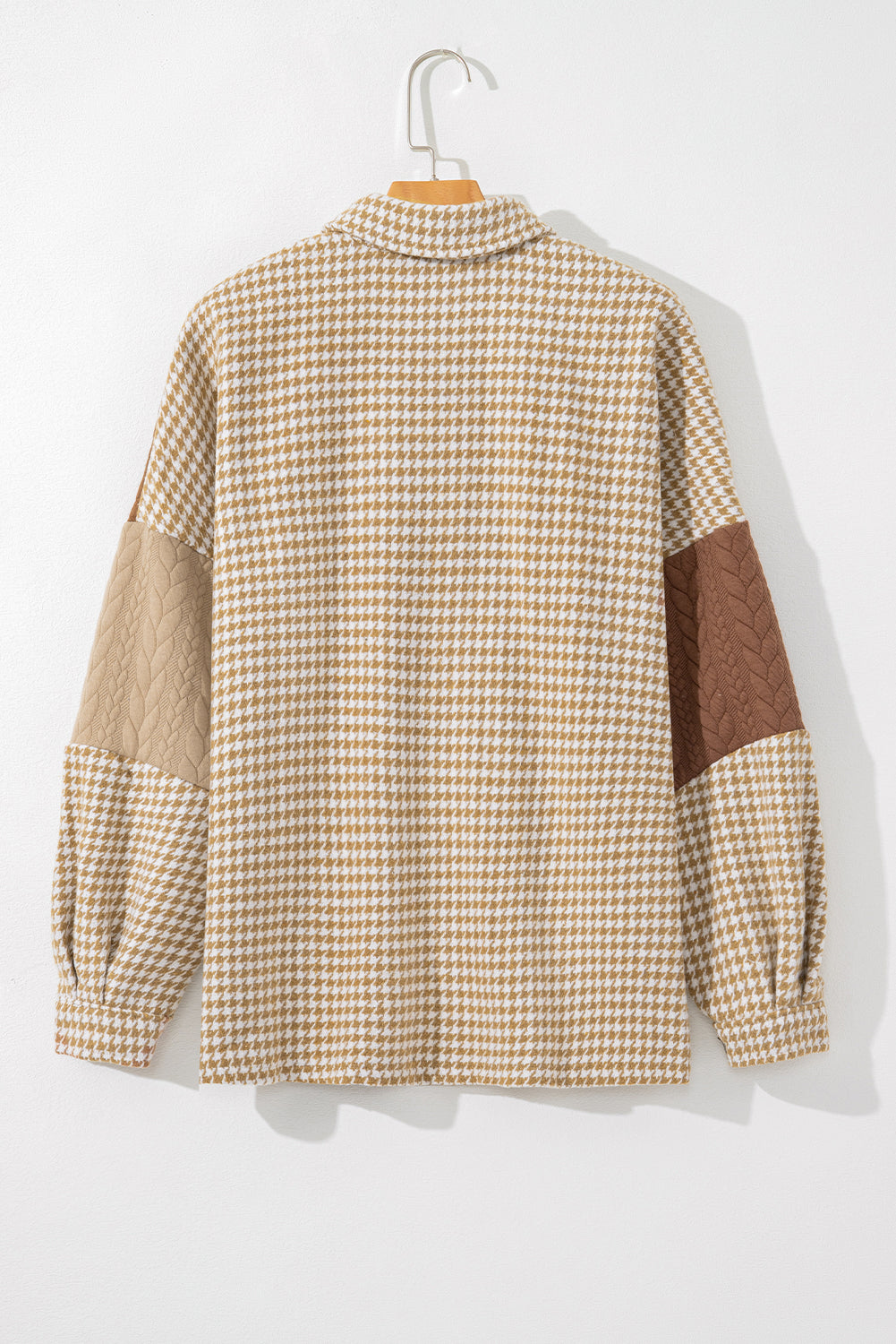 Khaki Houndstooth Color Contrast Textured Patchwork Loose Shacket