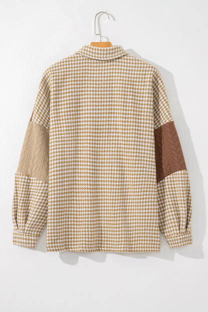 Khaki Houndstooth Color Contrast Textured Patchwork Loose Shacket