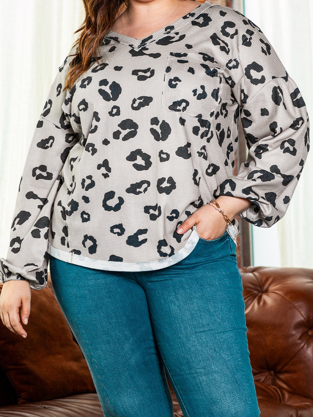 Gray Printed Leopard Balloon Sleeve Thermal Knit Plus Size Top