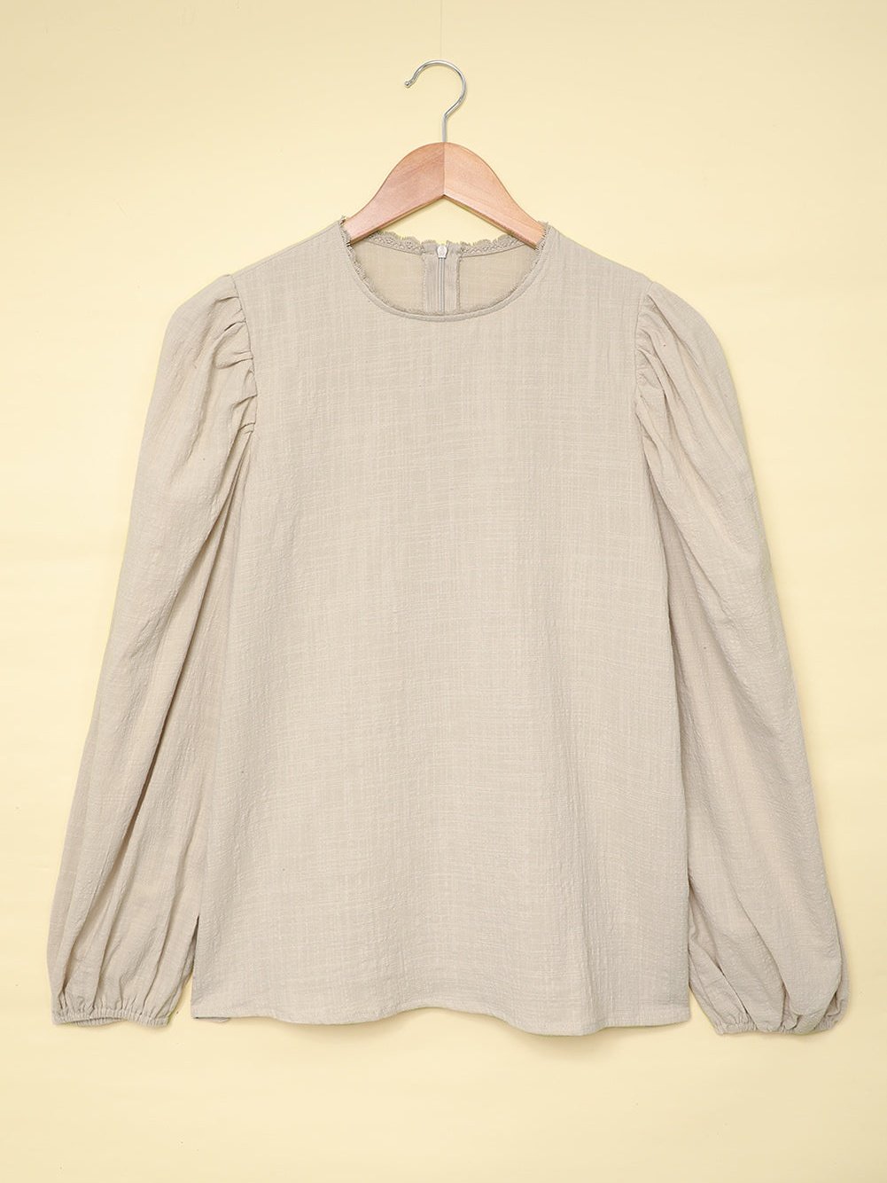 Billowed Puff Sleeve Cotton & Linen Blouse with Crew Neck