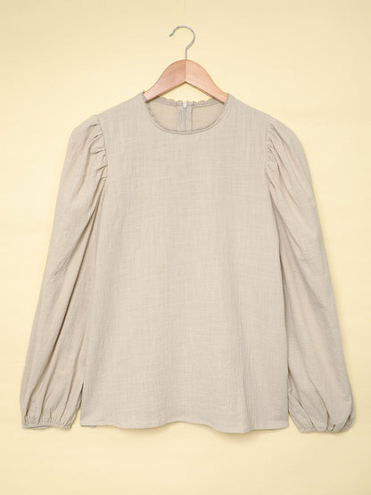 Billowed Puff Sleeve Cotton & Linen Blouse with Crew Neck