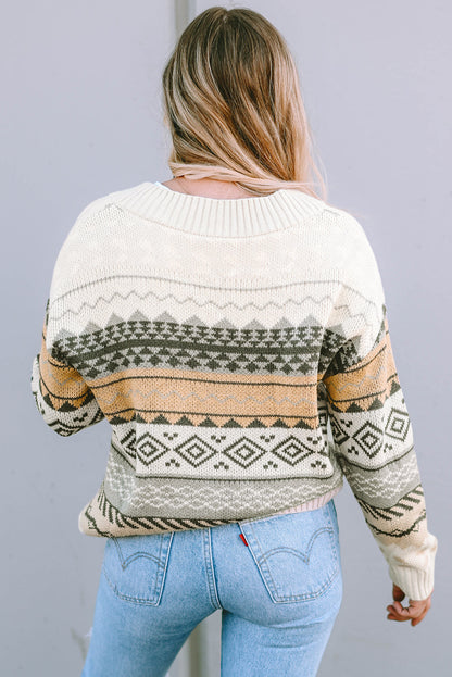 Khaki Aztec Print V Neck Sweater with Ribbed Texture