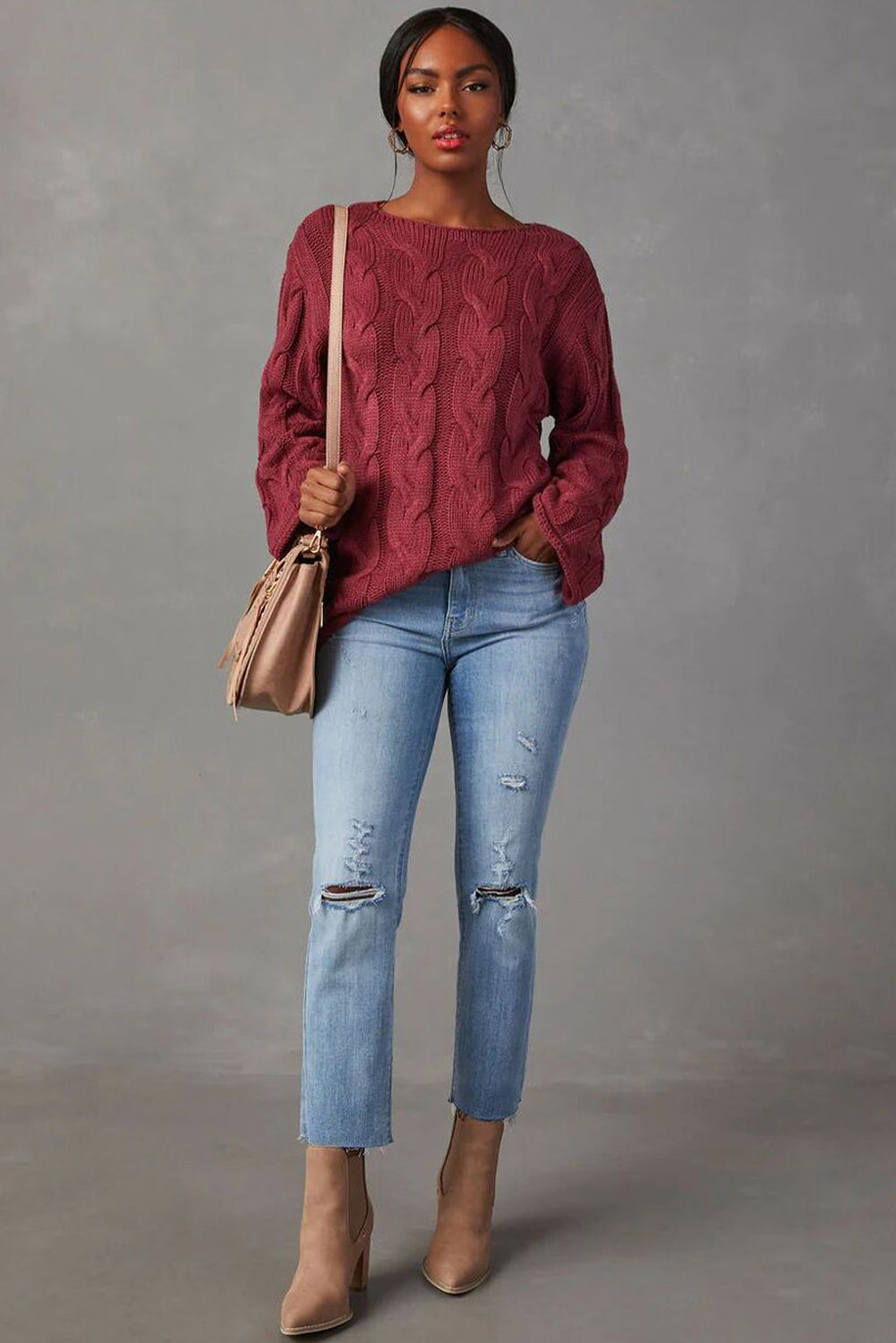 Mineral Red Round Neck Cable Knit Oversize Sweater