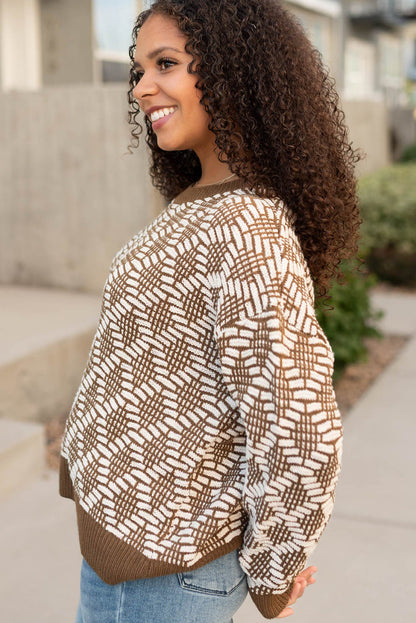 Khaki Patterned Knit Round Neck Sweater
