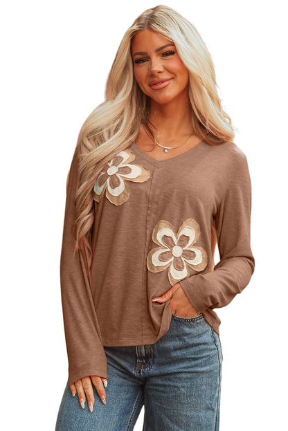 Straw Yellow Floral Patchwork V Neck Long Sleeve T Shirt
