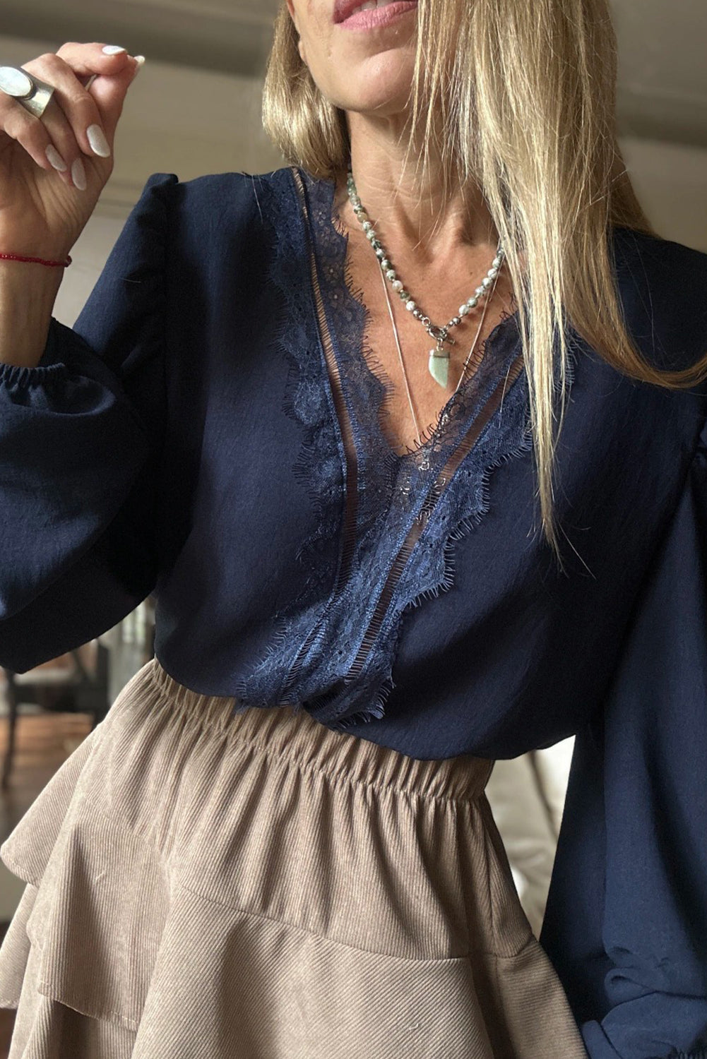 Navy Blue Eyelash Patched V Neckline Puff Sleeve Blouse