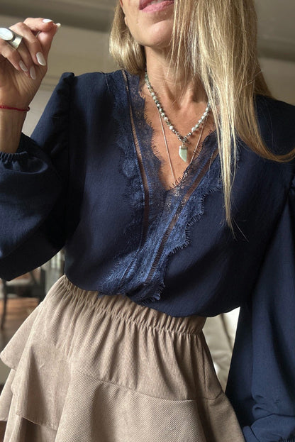 Navy Blue Eyelash Patched V Neckline Puff Sleeve Blouse