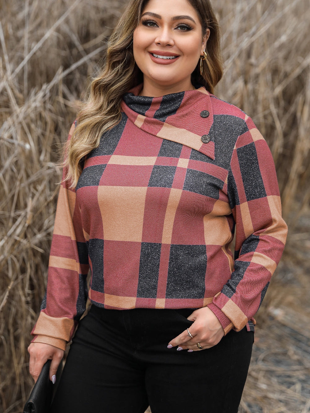 Mineral Red Geometric Print Plus Size Long Sleeve Collared Top