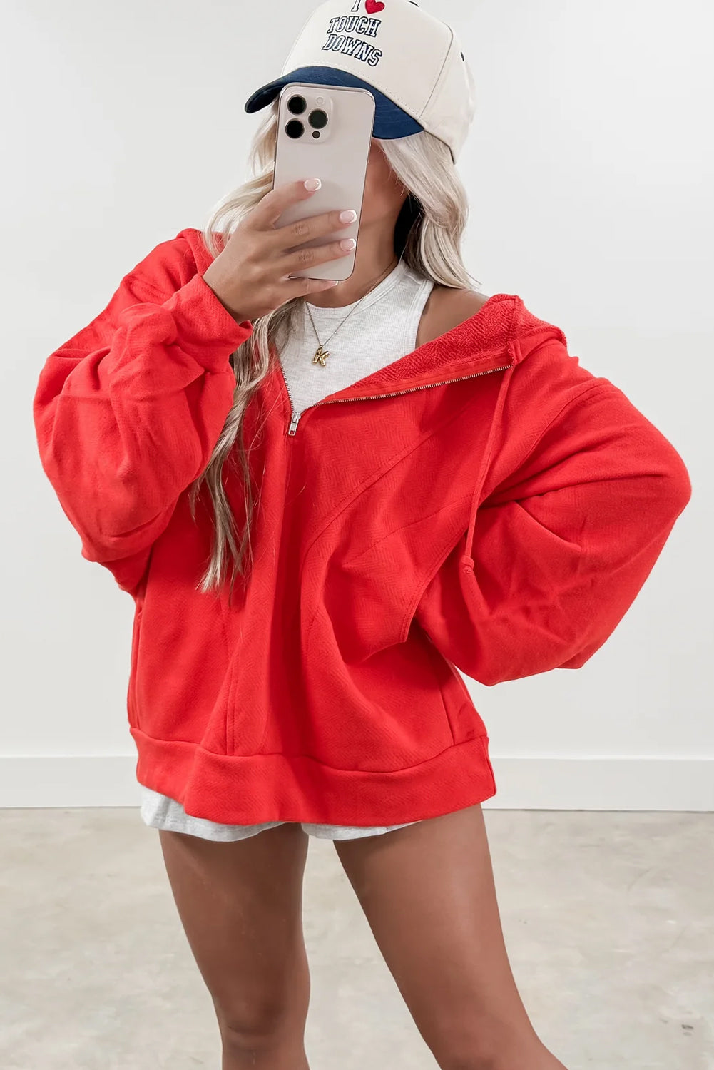 Fiery Red Knot Drawstring Half Zip Loose Hoodie