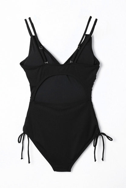 Beach Babe Black Ribbed Knit One Piece Swimsuit with Adjustable Straps
