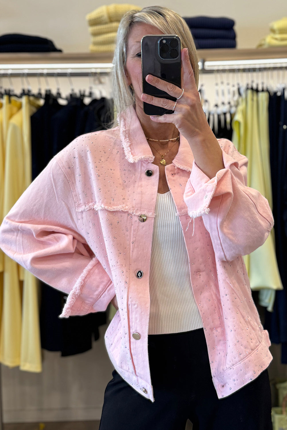 Light Pink Rhinestone Decor Raw Edge Loose Denim Jacket