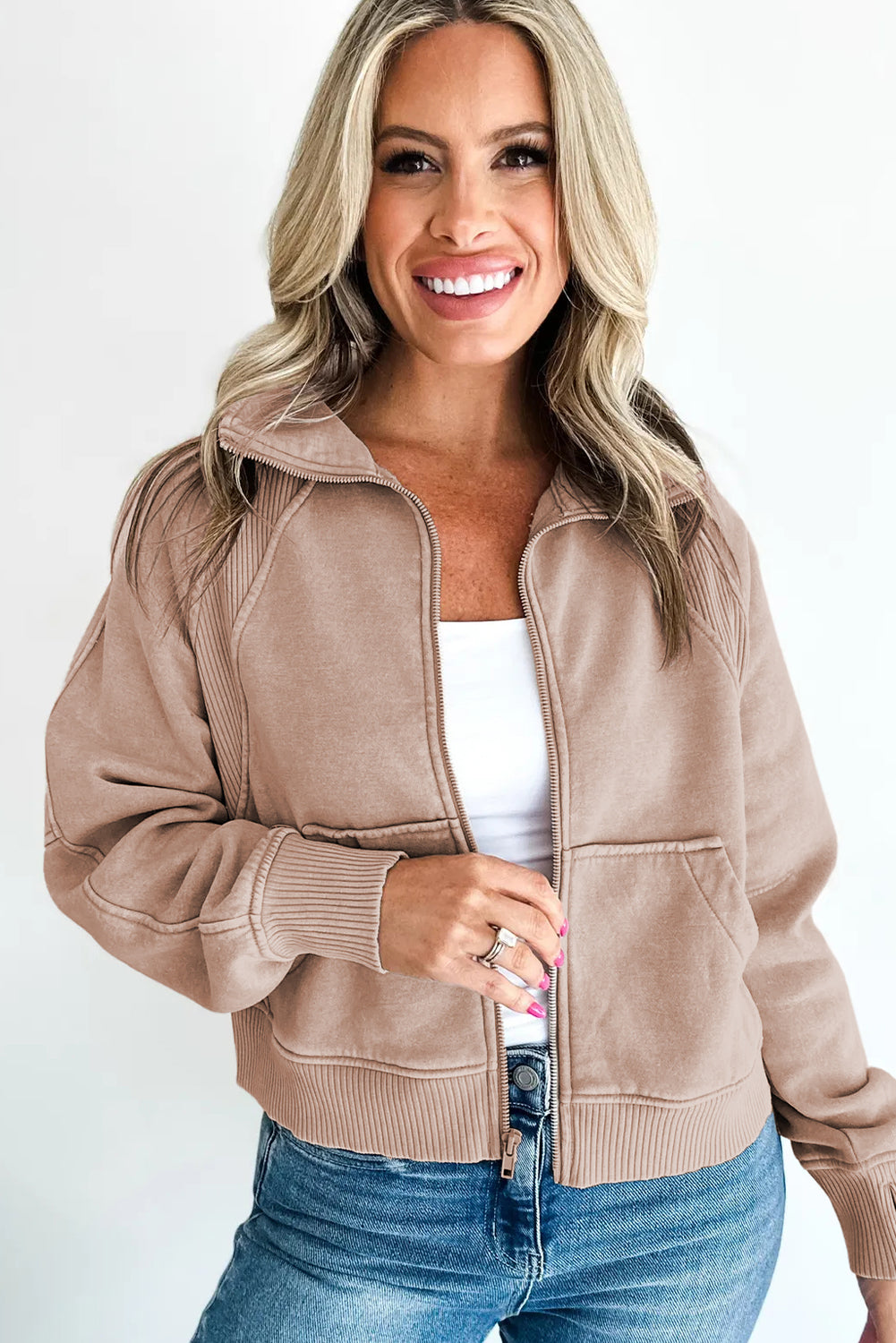 Smoke Gray Mineral Wash Ribbed Patchwork Zipped Front Cropped Jacket