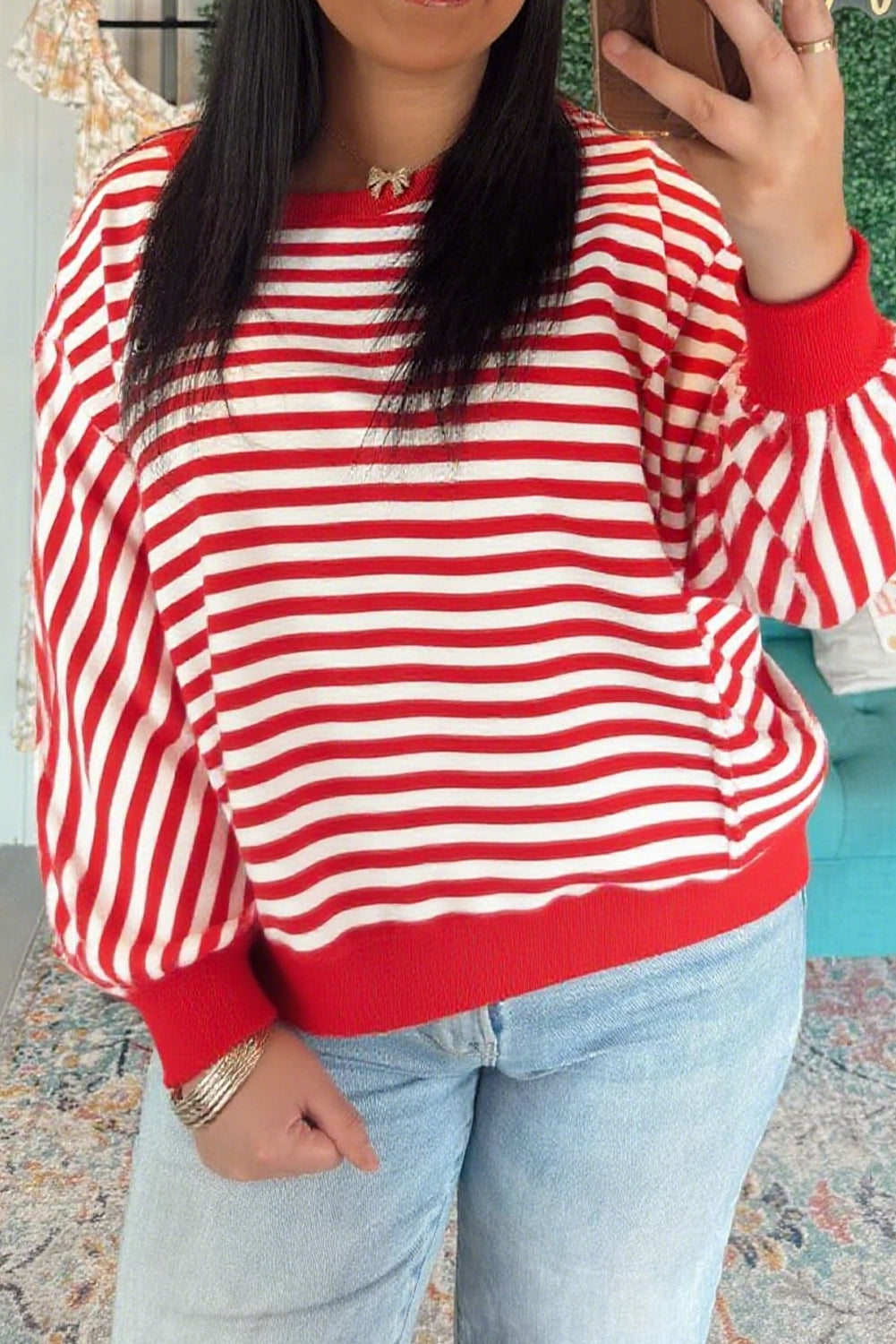 Red Stripe Plus Size Raw Seam Patchwork Baggy Long Sleeve Top
