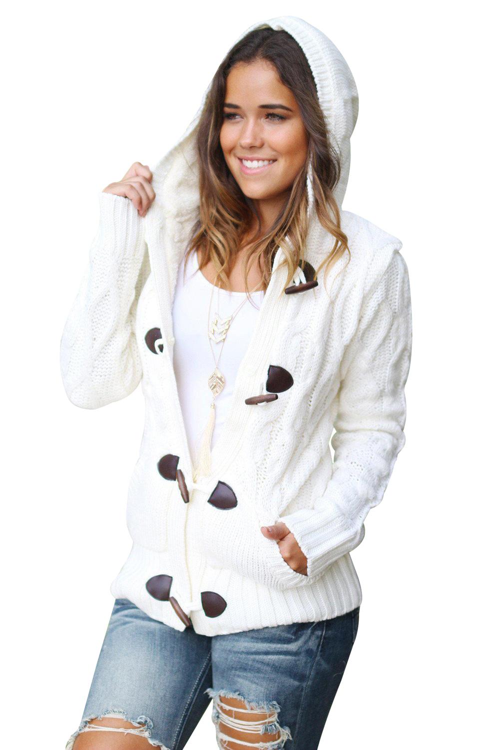 White Fur Hood Horn Button Sweater Cardigan