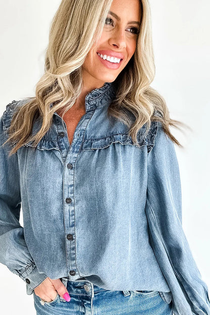 Dusk Blue Frilled Detail Button Down Chambray Shirt