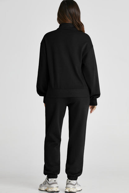 Black Half Zip up Pullover Active Top and Joggers Set