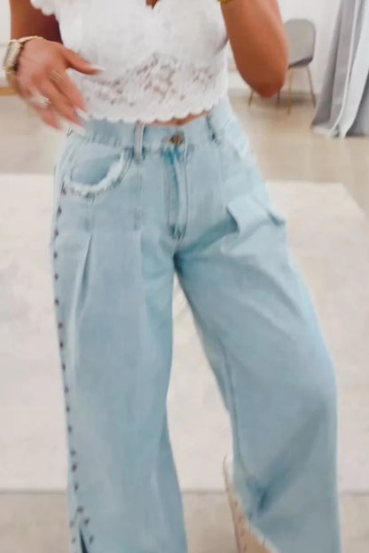 Beau Blue Studded Side Detail Split Leg Frayed Pocketed Wide Leg Jeans