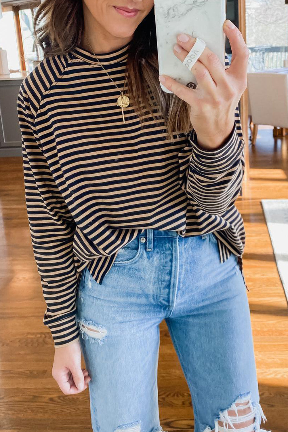 Black Stripe Side Splits Loose Fit Long Sleeve Top