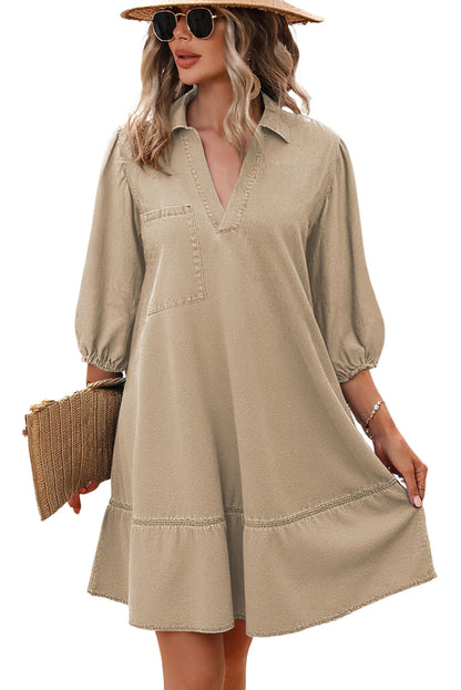 Khaki V Neck Collared Single Chest Pocket Long Sleeve Denim Dress