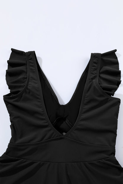 Sleek Black Crossed Cutout One Piece Swimsuit Dress