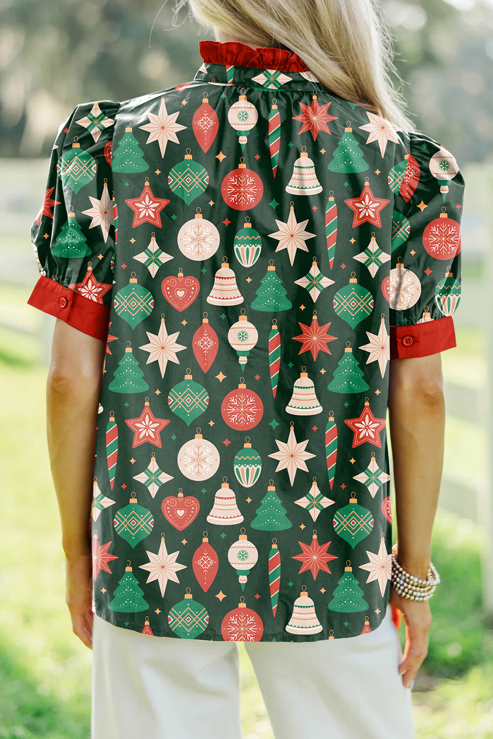 Green Christmas Fashion Print Contrast Trim Frilled Neck Short Sleeve Blouse