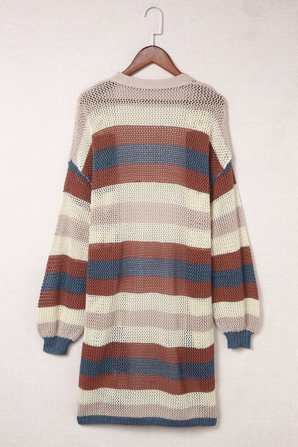 Dark Blue Striped Color Block Hollowed Knit Open Front Plus Size Sweater Cardigan
