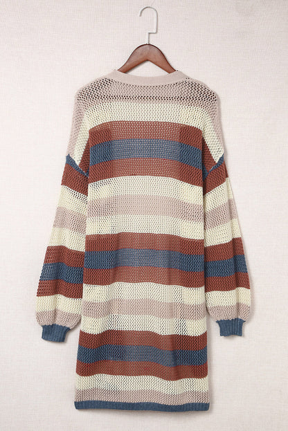 Dark Blue Striped Color Block Hollowed Knit Open Front Plus Size Sweater Cardigan