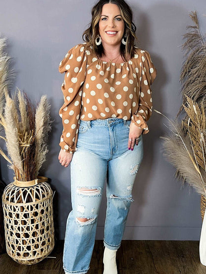 Khaki Polka Dot Ruched Neckline Puff Sleeve Blouse for Curvy Fashionistas