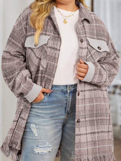 Pink Plus Size Macrame Plaid Coat