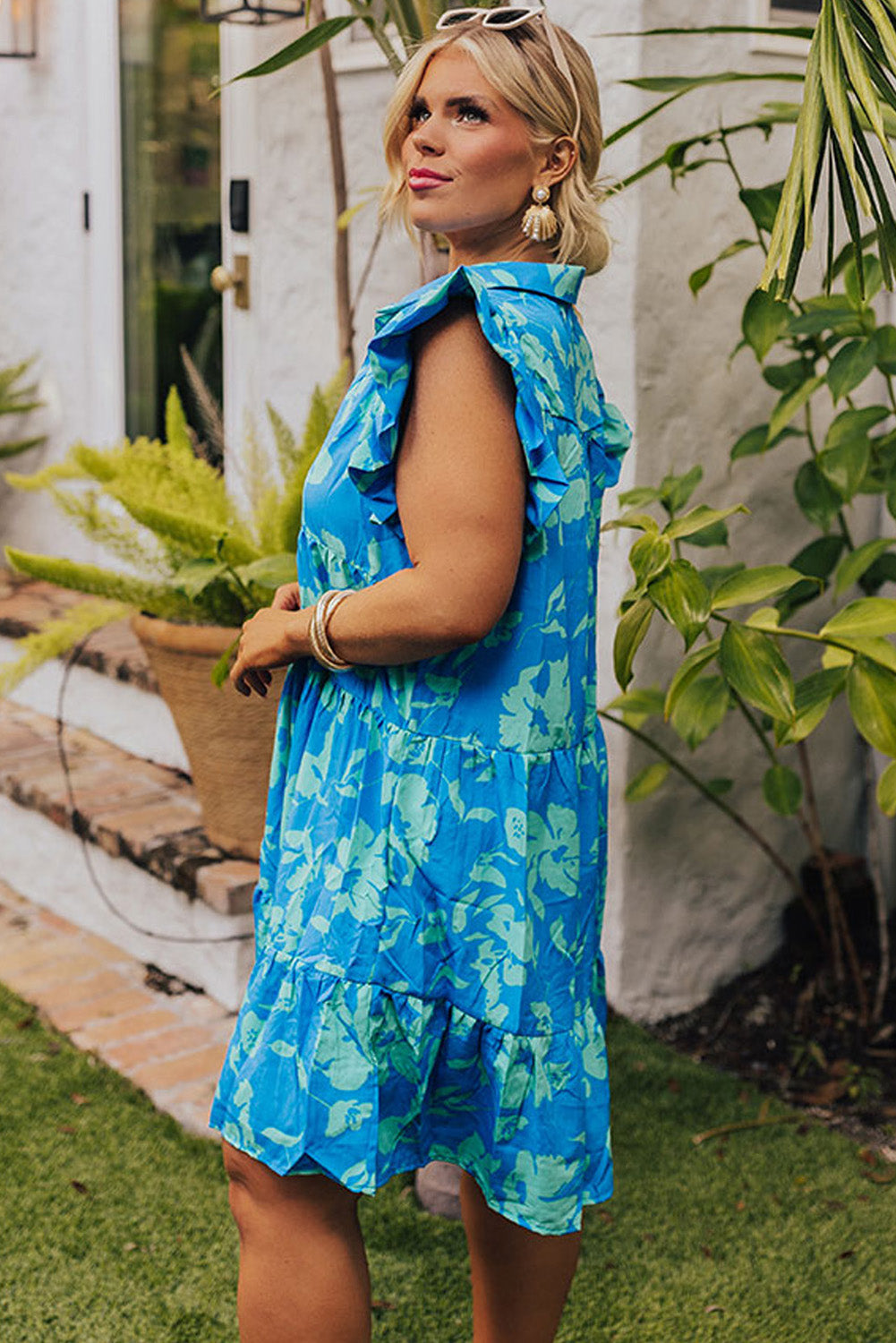 Sky Blue Floral Print Plus Size Flutter Sleeve Mini Dress with Button Detail