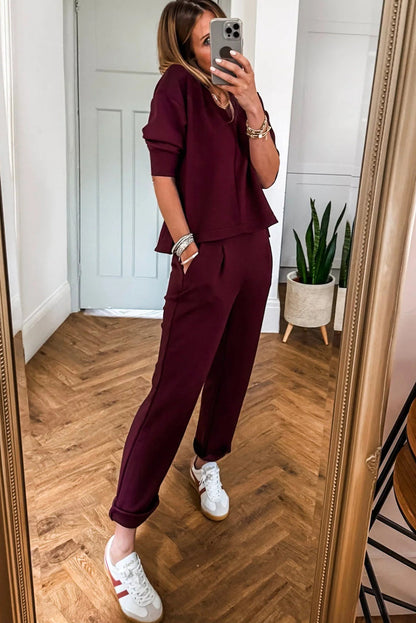 Red Dahlia Solid Color V Neck Tee Pocketed Casual Pant Set