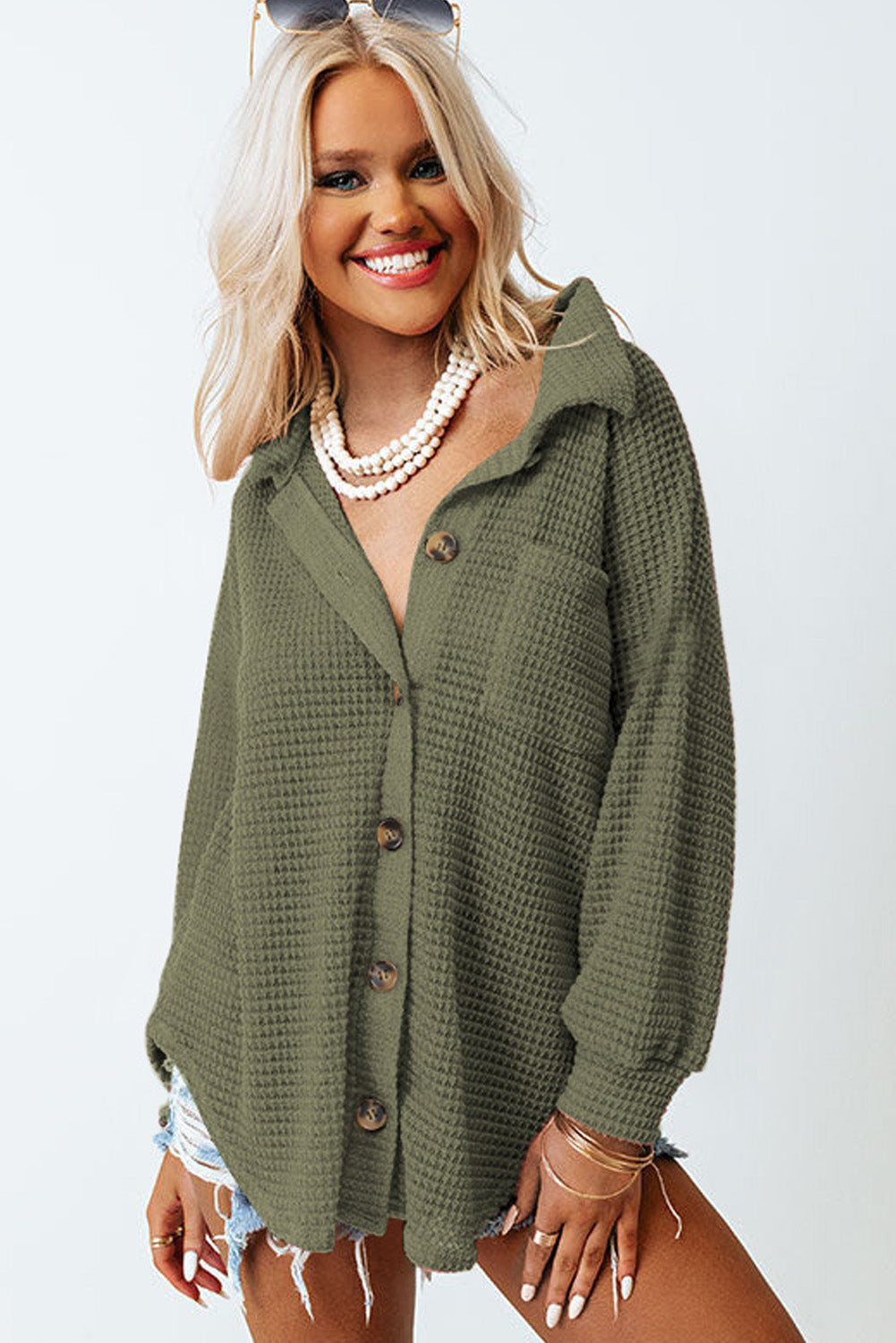 Green Textured Waffle Knit Button Down Blouse