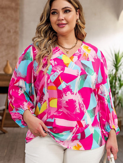 Vibrant Pink Graffiti Print Plus Size Blouse with Puff Sleeves
