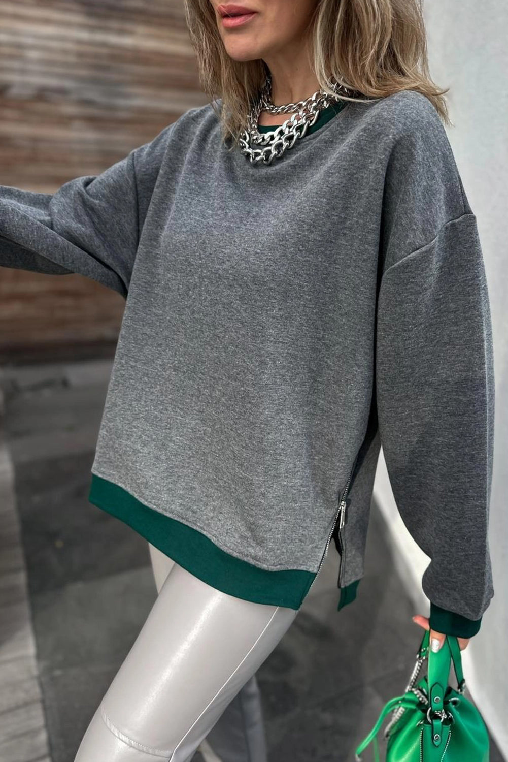 Medium Grey Contrast Trim Round Neck Zip Side Slit Baggy Sweatshirt
