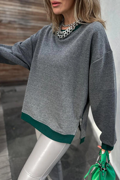 Medium Grey Contrast Trim Round Neck Zip Side Slit Baggy Sweatshirt