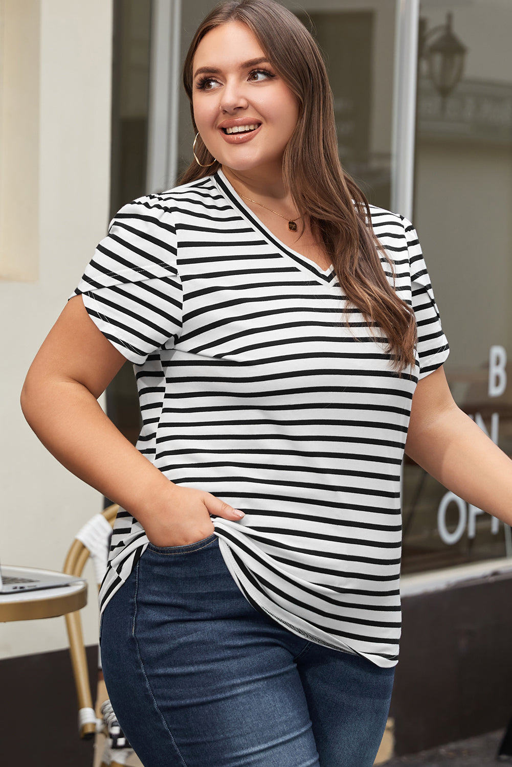 Elegant White Striped V Neck Petal Sleeve Plus Size Tee