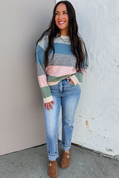 Light Blue Striped Color Block Round Neck Loose Sweater