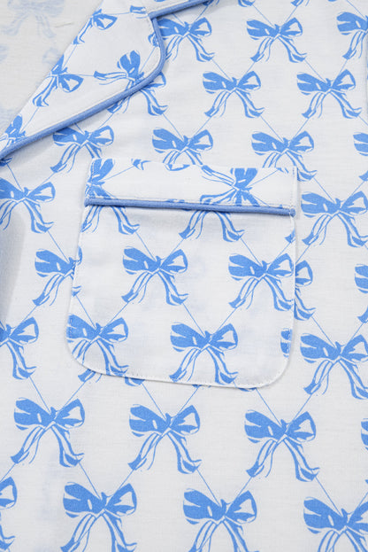 Sky Blue Bow Print Long Sleeve Shirt and Pants Soft Pajama Set
