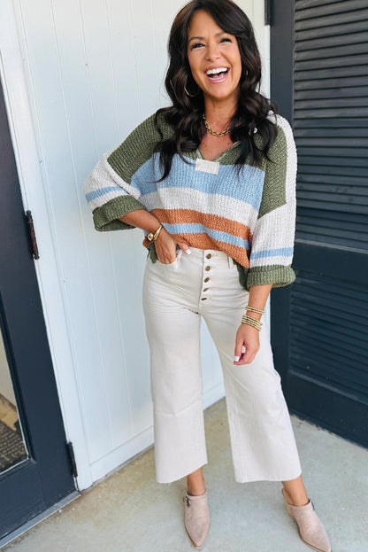 Green Striped Color Block Knit Split Neck Loose 3/4 Sleeve Side Split Sweater