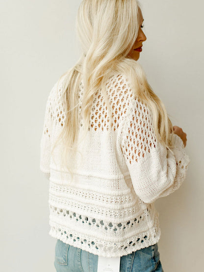 Ivory Pointelle Knit Puff Sleeve Sweater for an Elegant Look