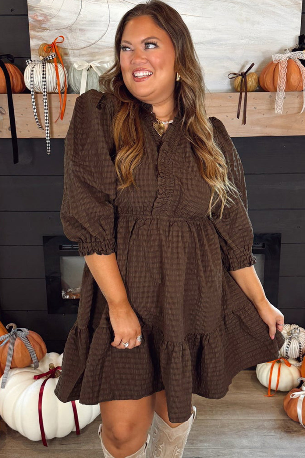 Coffee Plus Size Frilled Trim V Neck Puff Sleeve Textured Mini Dress