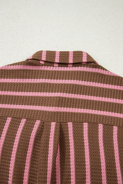 Multicolour Striped Knit Contrast Patchwork Button Flap Pocket Raw Hem Shacket