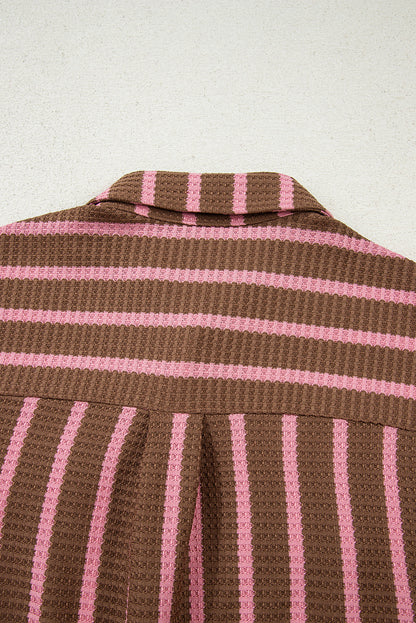 Multicolour Striped Knit Contrast Patchwork Button Flap Pocket Raw Hem Shacket