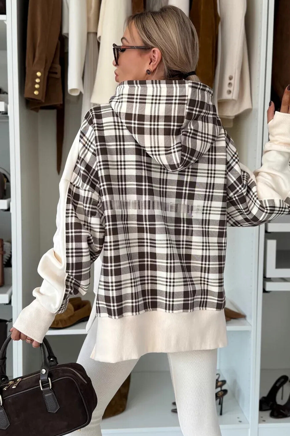 Beige Plaid Patchwork Side Slit Sweatshirt