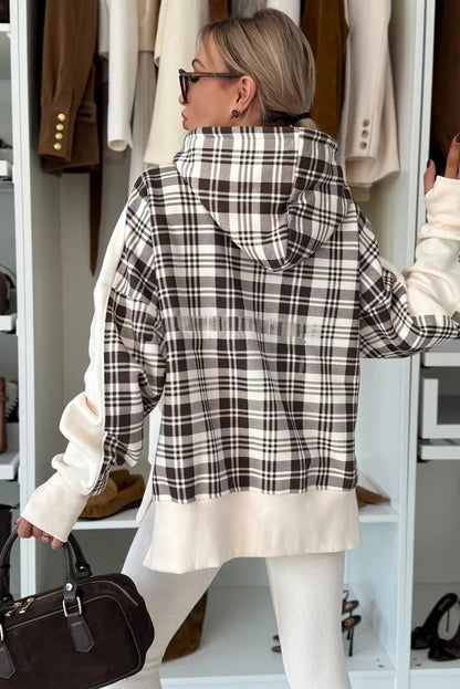 Beige Plaid Patchwork Side Slit Sweatshirt
