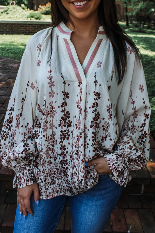 White Floral Print Long Puff Sleeve Striped Trim V Neck Blouse