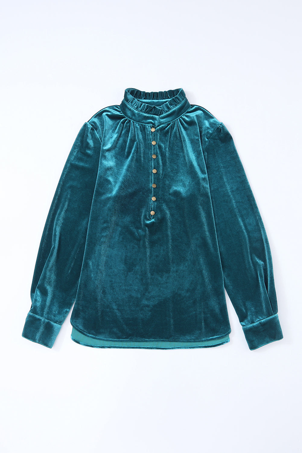 Frilled Neck Green Velvet Top with Buttoned Front