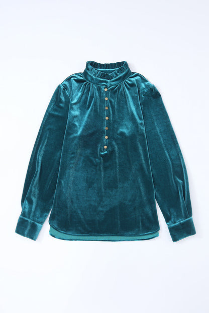 Frilled Neck Green Velvet Top with Buttoned Front